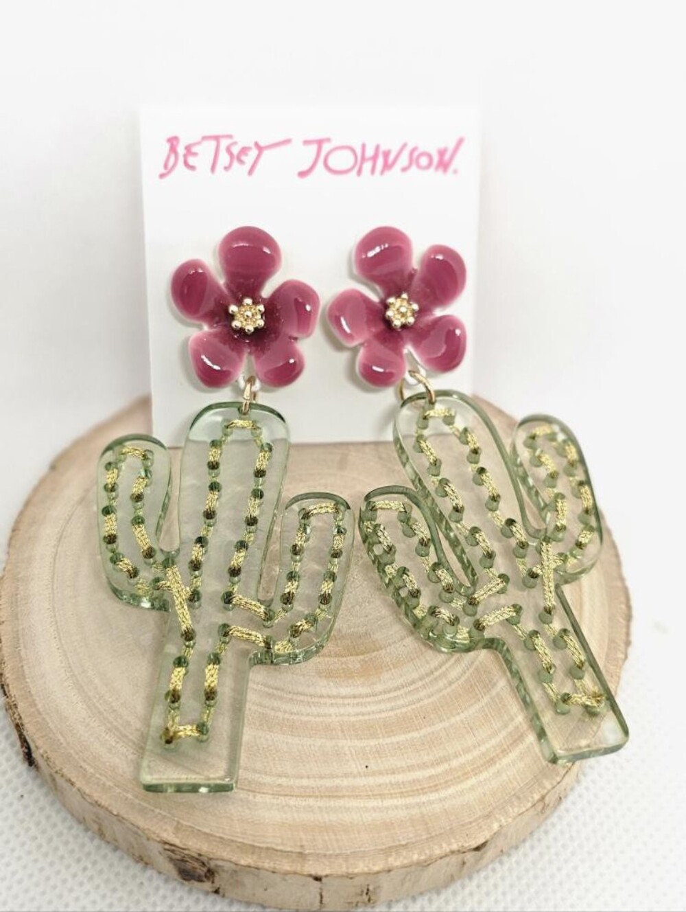 Betsey Johnson Pink Flower with Green Cactus Dangle Earrings NWT - Picture 2 of 2